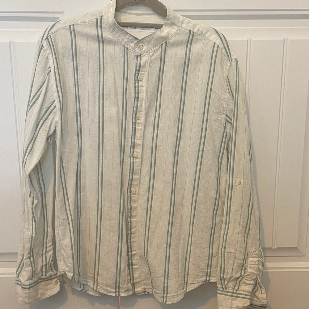 EUC Zara boy 13-14 Striped Shirt - White and Green (linen and cotton)